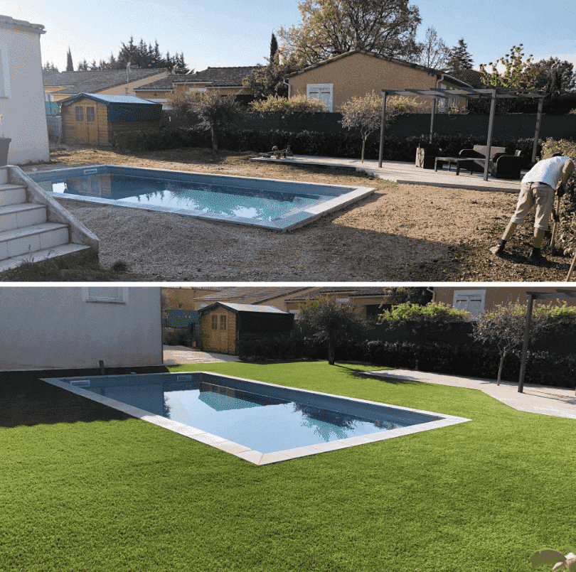 gazon synthétique pose tour de piscine avant après